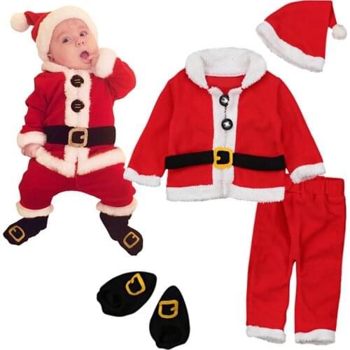 4 Piece Fashion Newborn Infant Baby Boys Girls Santa Long Sleeve Christmas Coat Tops+Pants+Hat+Socks Party Outfit Set Costume#g4