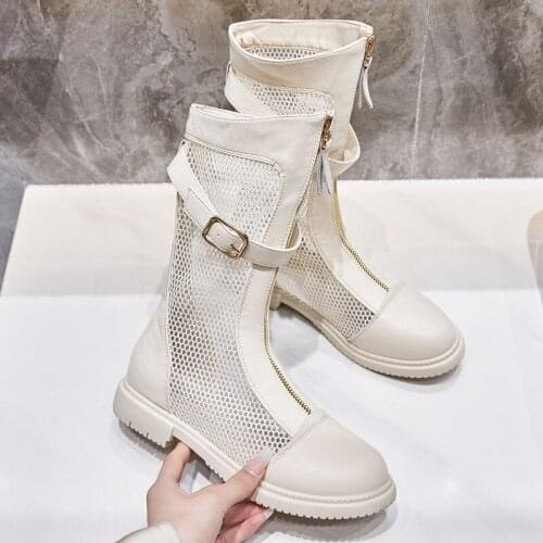 Summer Internet Hot Long Boots Women 's Hollow Mesh Breathable Thin High Mesh Boots Flat Front Zipper Sandals