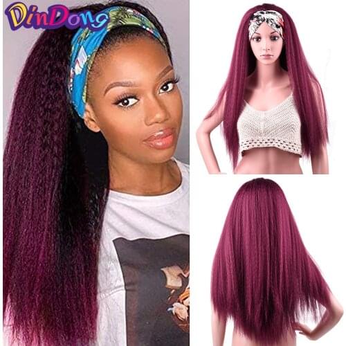 DinDong Kinky Straight Headband Wigs Heat Resistant Synthetic Hair Wig Machine Made Wig For Black Women