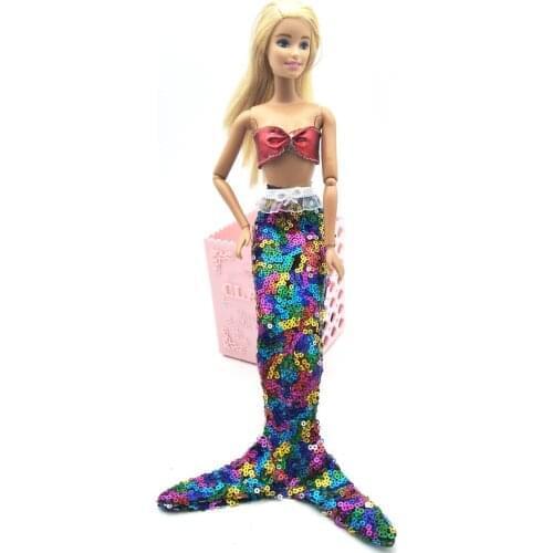 Colorful Sequin Mermaid Tail Doll Dress For Barbie Doll Clothes Evening Dress Party Gown Red Bra & Fishtail Skirt For 1/6 Dolls