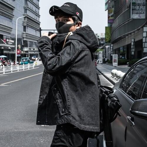 Spring Autumn Mens Denim Jacket Hooded Black Blue Casual Long Sleeve Coat M21