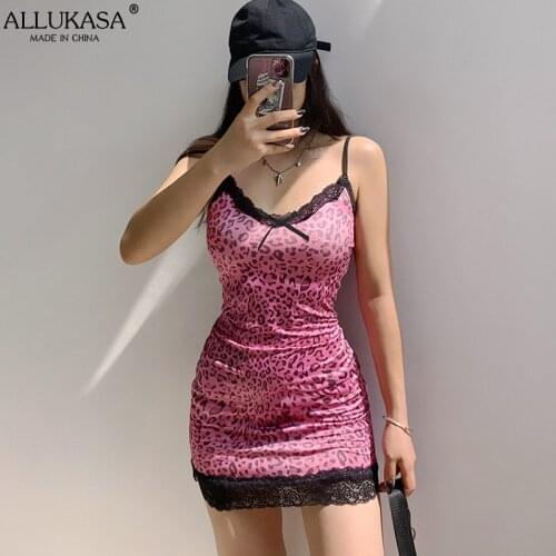 Allukasa Leopard Printed Mini Dress Summer Sexy Bodycon Dresses Womens Y2K Sleeveless Slim Spaghetti Strap Patchwork Lace Dress