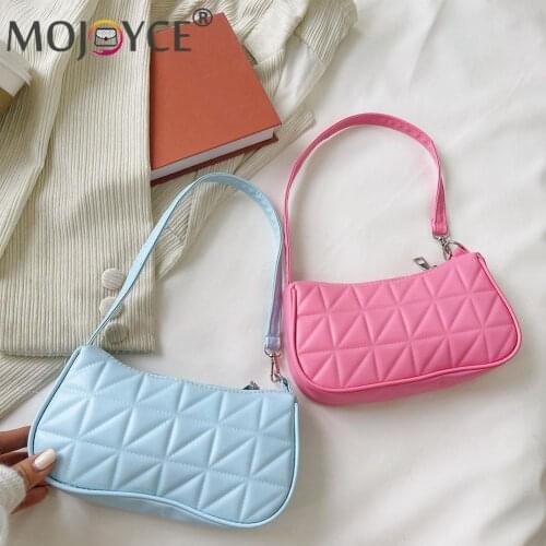 Fashion Women Embossed Geometric Checker Shoulder Underarm Bag Portable Solid Color PU Leather Travel Zipper Small Handbags
