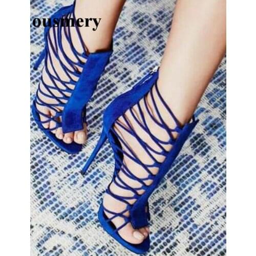 Women Fashion Blue Suede Leather Cut-out High Heel Sandals Strap Cross Thin Heel Sandals Formal Dress Shoes Evening Shoes