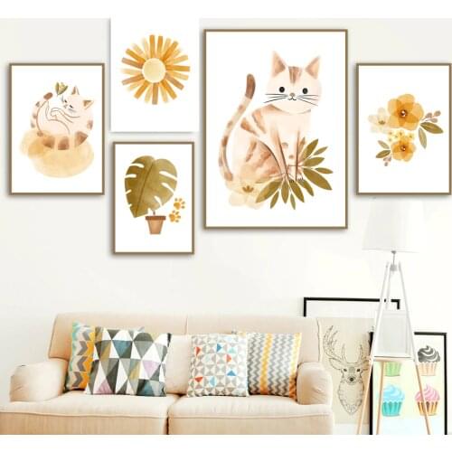Cartoon Cats Flower Kitties Rainbow Sun Nursery Wall Art Canvas Painting Nordic Posters And Print Decor Pictures Baby Girl Room