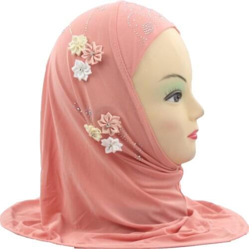 Muslim Girls Kids Hijab Islamic Scarf Shawls with 6 Beautiful Flowers Diamond for 1 to 5 years old Girls Wholesale