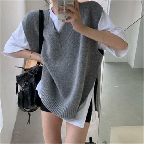 New Vintage Sweater Korean Style Casual Vest for Women Solid V-neck Sleeveless Side Split Knitted Waistcoat Autumn Winter Xx06