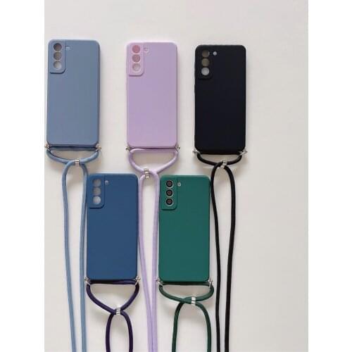 Solid Color Strap Cord Chain Phone Case For Samsung Galaxy S21 Plus S21 Ultra S20 Fe Necklace Lanyard Rope Matte Cover Fundas