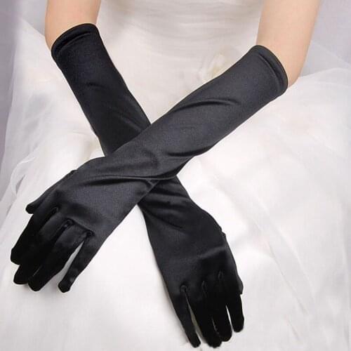 1 Pair Women Stretch Satin Gloves Ladies Elegant Vintage Evening Party Prom Christmas Halloween Black White Bridal Long Gloves