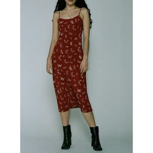 Women Silk Sling Midi Dress Spring Summer Holiday Lady Sexy Butterfly Print Red Long Dresses Female Soft Robe
