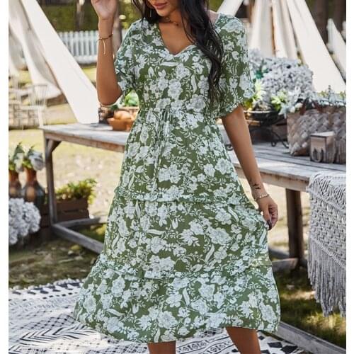 Beach Floarl Printing Butterfly Sleeve Summer Dress 2021 Casual V-neck Ruffles Midi Dresses For Women Holiday Sundress Vestidos
