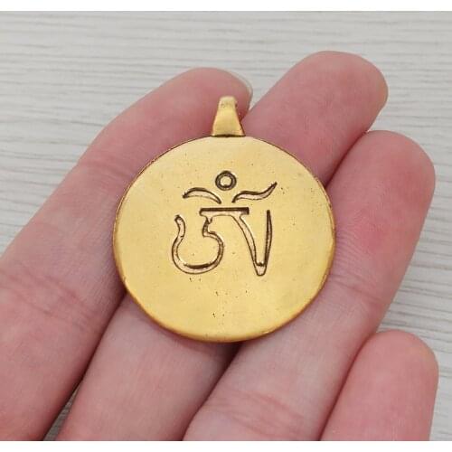 10 x Antique Gold Tone Large OM AUM Symbol Yoga Round Charms Pendants for Necklace Jewelry Making Findings 32x32mm
