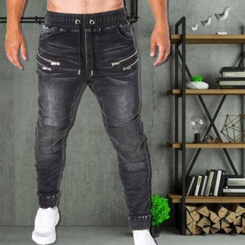 Casual Men Zipper Drawstring Pockets Running Skinny Pants Jeans Jogger Trousers