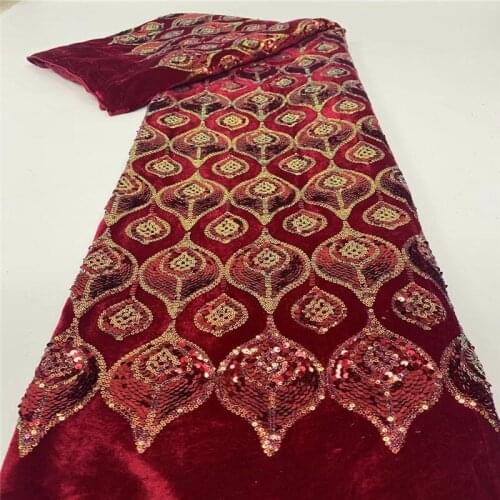 Luxury sequins Lace Handmade Fabric French Wedding Dress Latest Nigeria Cotton Embroidery White Good Price With velvet New red