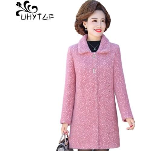 UHYTGF Mother Autumn Winter Woolen Coat Imitation Mink Fleece Casual 5XL Plus Size Outwear Mid-Length Elegant Womens Jacket 1342