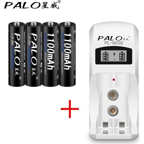 PALO 2 Slots LCD Display smart Battery Charger For NI-MH NI-CD AA AAA 9V 6F22+4Pcs NI-MH 1.2V AAA Rechargeable Batteries