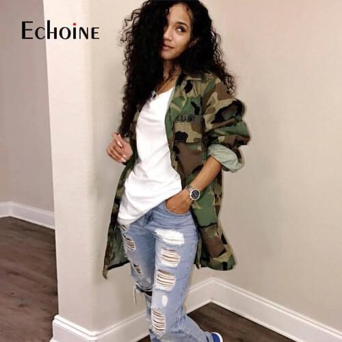 Echoine Loose Camouflage Coat Turn-Down Collar Pocket Women Long Sleeve Button Up Casual Army Green Military Outwear Jacket