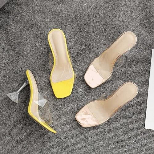 Women sandals PVC Slip On 7cm Thin Heels High heels Square Toe Shallow women shoes sandalias mujer 2020 size 35-42 Beige
