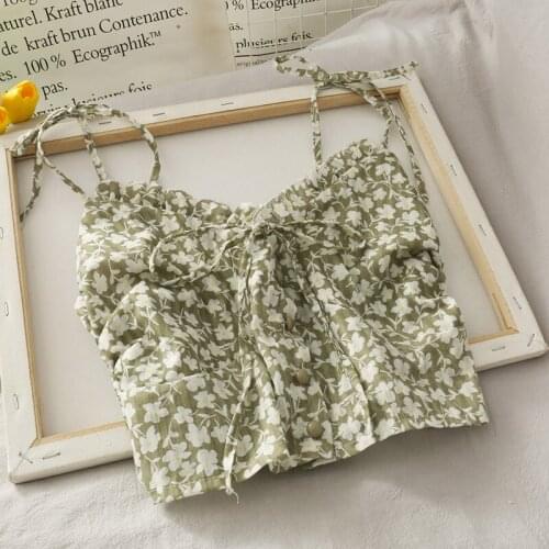 Chiffon Floral Print Femme Tops Bow Bandage Crop Top French Sleeveless Women Single-Breasted Corset Top Fashion Short Sleeve