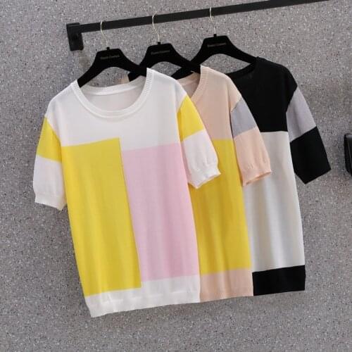 M-4XL large size Patchwork thin kintting women sweater pullover 2021 Summer short sleeve o neck casual basic female sweaters