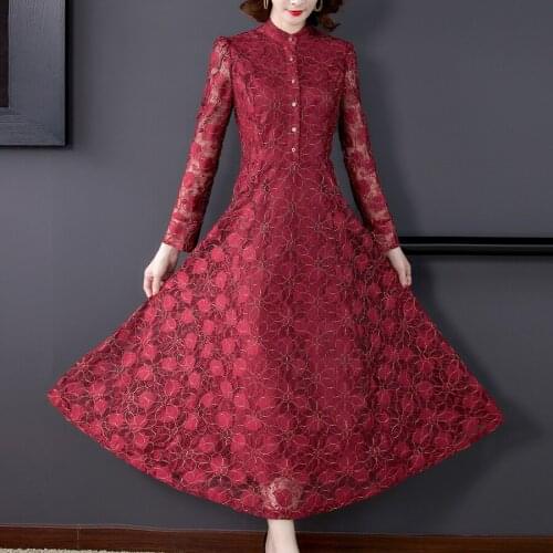 2021 Red Floral Embroidery Lace Elegant Maxi Dress Spring Autumn Casual Vintage 5XL Plus Size Dress Bodycon Women Party Vestidos