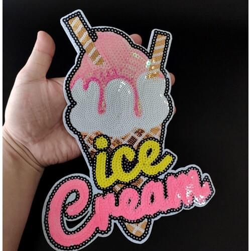 23CM Ice Cream Iron On Patches For Clothing Sequins Biker Badge Embroidery Fabric Sequined Patch Clothes Stickers Strange things