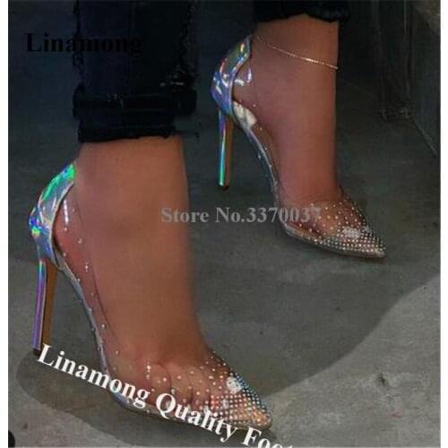 Linamong Bling Bling Rhinestone Clear PVC Patchwork Sequined Stiletto Heel Pumps Shining Slip-on Transparent Crystal High Heels