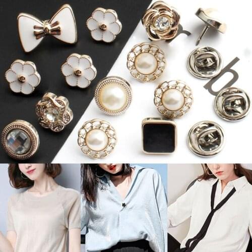 6Pcs Button Brooch Imitation Pearl Rhinestones Breastpin Clothes Scarf Hat Accessories Women Prevent Exposure Brooches Jewelry