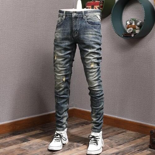 European Vintage Fashion Men Jeans Retro Dark Blue Elastic Slim Ripped Jeans Men Embroidery Patched Designer Casual Denim Pants