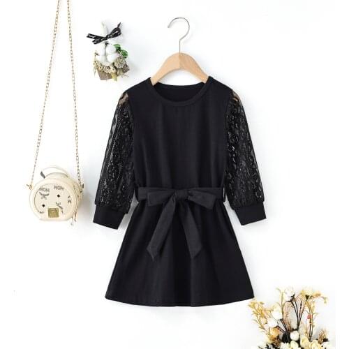 FOCUSNORM 2-7Y Fashion Autumn Kids Girls Dress With Belt Mesh Lace Long Sleeve Solid A-Line Knee Length Dress