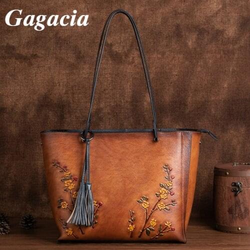 GAGACIA Large Capacity Embossed Casual Tote Bags For Women Genuine Leather Handbag Cowhide Female Handbags Vintage Designer Bag