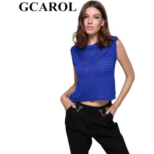 GCAROL New Arrival Knitted Crop Tops Hollow Out Sleeveless Sweater Orange Sapphire Knitting Pullover For Spring Autumn Winter
