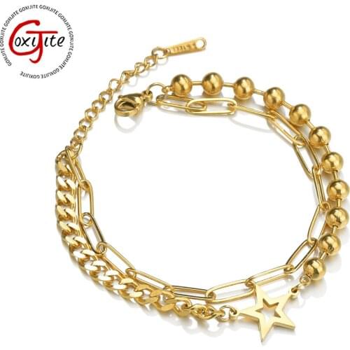Goxijite Fashion Double Layer Bracelet For Elegant Women Stainless Steel Gold Hollow Star Adjustable Bracelet Jewelry Gift