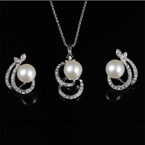 Vintage Female White Pearl Jewelry Set Charm Silver Color Stud Earrings For Women Simple Crystal Geometry Wedding Chain Necklace
