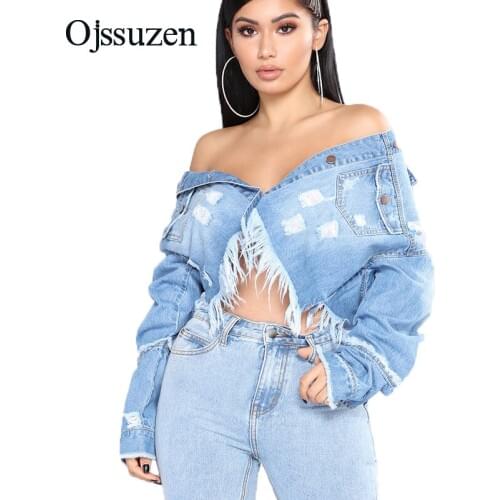 Short Womens Jeans Hole Jackets Spliced Cropped Ladies Frayed Spring Coat Tassel Jackets Distressed Women Denim Long Sleeve