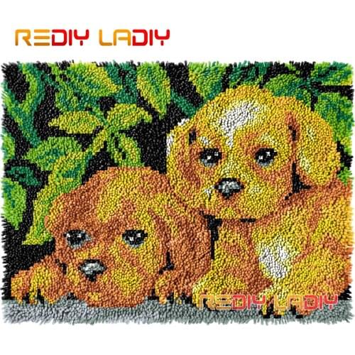 Latch Hook Rug Two Puppies Crocheting Wall Tapestry Kits DIY Carpet Rug Chunky Yarn Needlework Knitted Floor Mat Hobby & Crafts