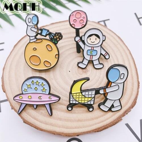 Creative Cartoon Space Planet Heart-shaped Moon Spaceship Astronaut Enamel Pins Flowers Shopping Cart Brooch Badge Cute Jewelry