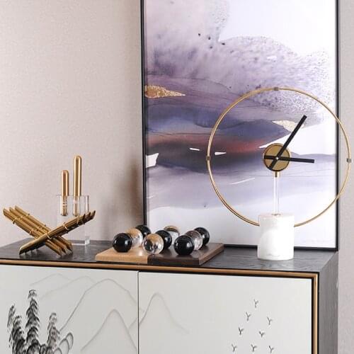 Nordic Art Circle Metal Clock With White Cylinder Marble Stand Home Decor Accessories For Office Hotel Living Room Creative Gift