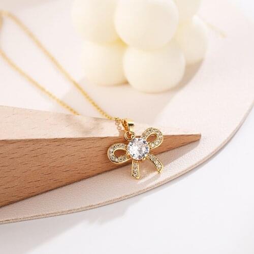 10 PCS/Lot Fashion Zircon Bow Pendant Necklace Quality Copper Chain for Women Girls Birthday Gift Jewelry New Design Accessories