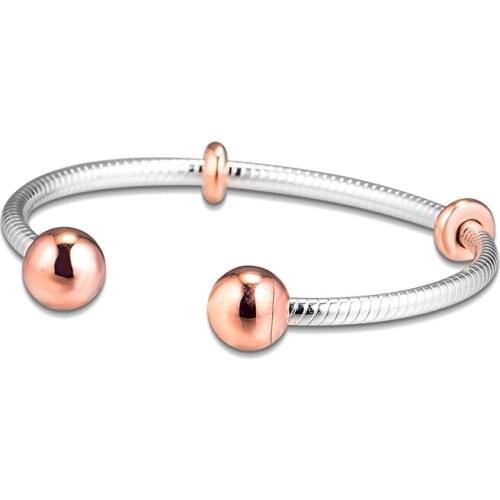 Genuine 925 Sterling Silver Rose Gold Moments Snake Chain Style Open Bangles for Women Cuff Bangle Bracelet Fashion Jewelry