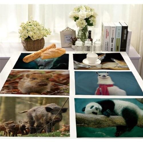 Dog Table Placemats Wolf Dog Panda Elk Pattern Placemat Dining Table Mat Wild Animal Tea Coaster Cotton Linen Pad Cup Mats