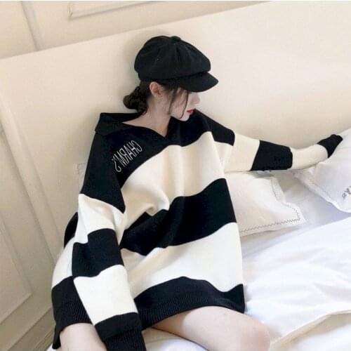 Womens Pullover Korean Chic Retro Lapel Striped Thick Warm Pullover Black and White Striped Medium Long Simple Sweatshirt Top
