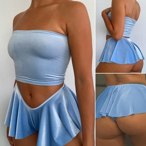 Sexy 2 Piece Set Blue Velvet Crop Tops and Skirt Shorts Summer Clothes for Women 2 Piece Club Outfits