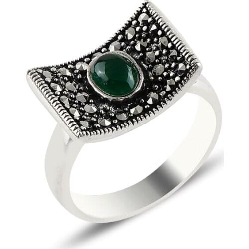 Silver 925 Sterling Green Agate Stone Ring