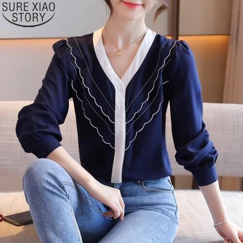 Blue Chiffon Shirt Cardigan Long Sleeve Blouses Women Tops Fashion Autumn Women Shirts V-neck Solid Ruffles Blusas Clothes 10963