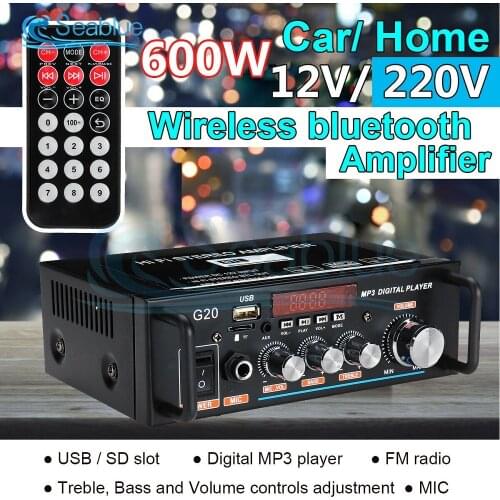 12V/110V-220V 600W Audio Amplifier 2CH LCD Display Digital HIFI Powers Amplifier Bluetooth FM Car Home Stereo Subwoofer W/Remote