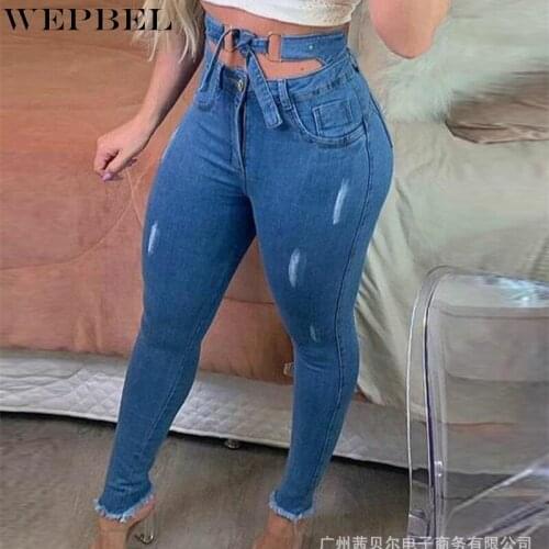WEPBEL High Waist Ripped Jeans For Women Hollow Out Skinny Stretch Denim Pants Bodycon Tassel Belt Bandage Skinny Push Up Jeans