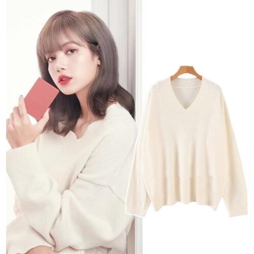 Kpop korean Celebrity streetwear white Cashmere Wool sweater women Autumn warm Sweater lady Slim Sexy V-Neck Knitted Sweaters