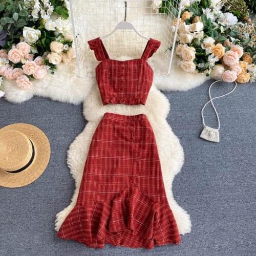 SINGRAIN Women Plaid Suits Summer College Style Button Ruched Tops+Elastic Bodycon Irregular Ruffle Skirt Vintage Two Pieces Set