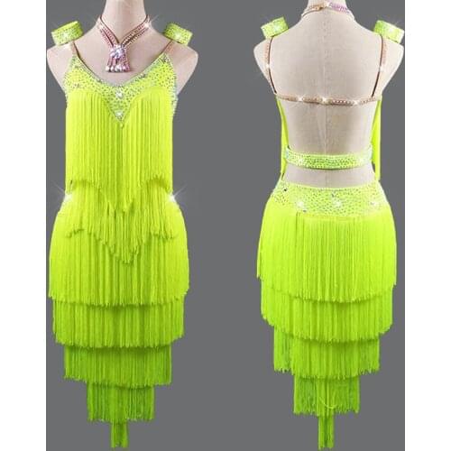 New Latin Dance Fringe Dress Female Sexy Backless Neon Yellow Tassel Party Club Stage Girls Women Dance Competition Dress 4157